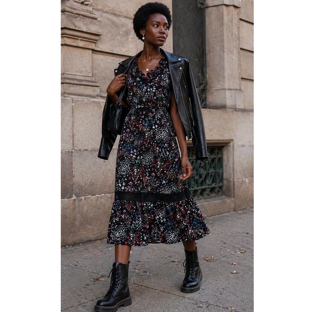 Floral Midi Dress Black Lace Trim Cottagecore Romantic Boho Small